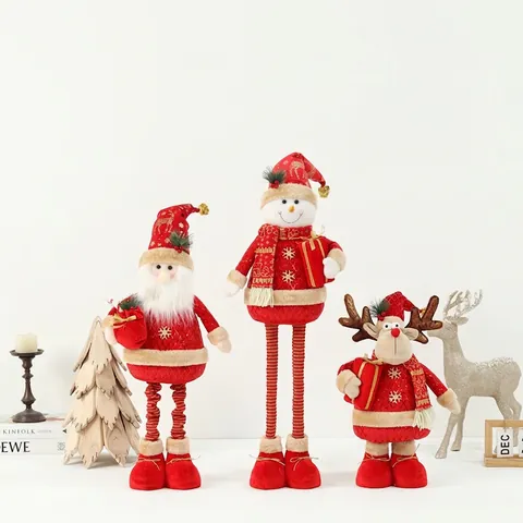 Christmas Plush Doll Santa Snowman Reindeer Ornament Red Gold Sequin Cloth Telescopic Leg Holiday Home Decoration Xmas Gift