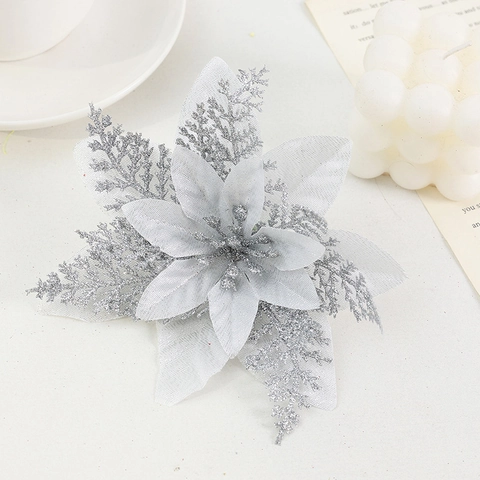 Artificial Christmas Flowers Glitter Poinsettia Shimmering Berry Picks Fabric Floral Ornaments For Holiday Tree Wedding Decor