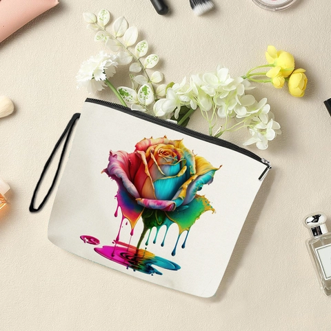 Make-up Tas Voor Dames Fijn Linnen Draagbare Cosmetische Tas Met Rits Polsband Rozen Lippen Print Reis Toiletset Organizer