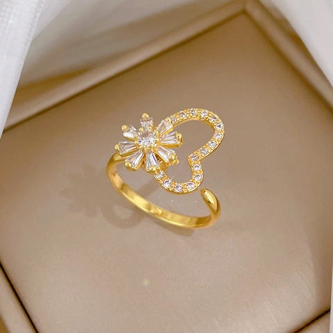 Heart Flower Zircon Open Ring Gold Plated Brass Adjustable Light Luxury Romantic Jewelry For Women