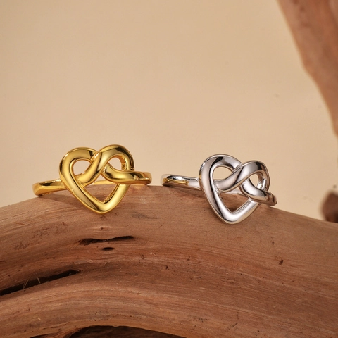 925 Sterling Silver Heart Love Knot Ring Adjustable Intertwined Hearts Minimalist Fashion Jewelry Women