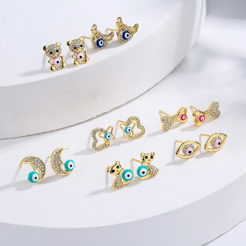 Cute Evil Eye Stud Earrings 18K Gold Plated Copper Zircon Enamel Bear Heart Crescent Moon Jewelry For Women