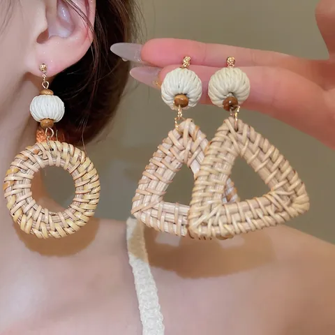 Bohemian Woven Rattan Drop Earrings Handmade Wood Beads Geometric Summer Beach Women With Silver Earring Post