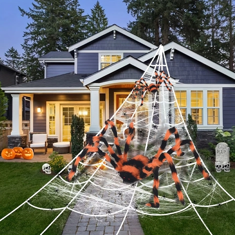 Halloween Riesenspinne Dekoration Plüsch Pelzig Schwarz Orange Gestreift Biegbare Beine Requisite Außenbereich Spukhaus Dekor