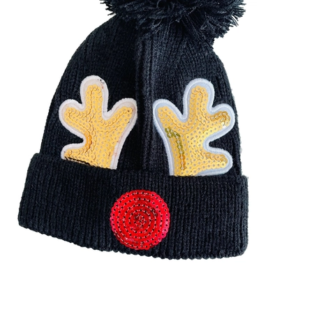 Gorro De Punto De Navidad Con Astas De Reno Lentejuelas Invierno Cálido Con Pompón Para Niños Pequeños
