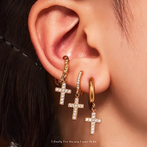 Pendientes De Aro De Acero Inoxidable Chapados En Oro Con Colgante De Cruz De Circonita Joyería Religiosa Para Mujer