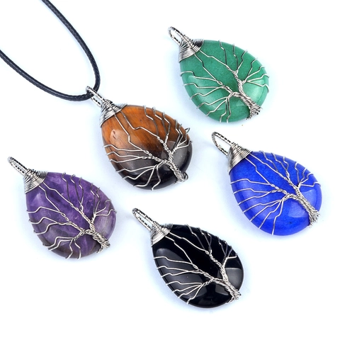 Collana Pendente Albero Della Vita Avvolto In Filo Pietra Cristallo Naturale Goccia Ametista Quarzo Gioielli Guarigione