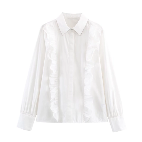 Damen Weiße Bluse Langarm Rüschen Hemd Mit Metallkette Kragendetail Polyester Baumwolle Popeline Oberteile