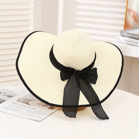 Women Wide Brim Straw Sun Hat Foldable Bowknot Summer Beach UV Protection Breathable Travel Elegant
