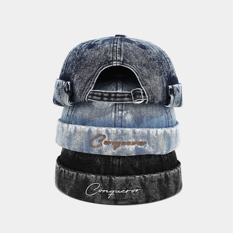 Cappello Docker Senza Tesa Denim Lavato Miki Cap Retrò Cotone Ricamato Conqueror Regolabile Streetwear Unisex