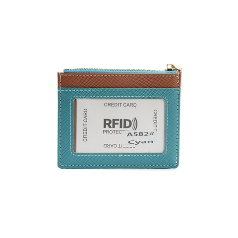 RFID Blocking Card Holder Ultra Thin Saffiano PU Leather Minimalist Wallet With Zipper Pocket And ID Window For Women Men