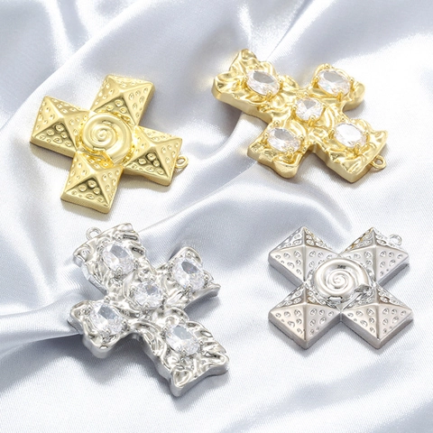 Pendente A Croce Rame Ottone Con Zircone Chiaro Stile Hip Hop Retrò Motivo Spirale Conchiglia Gioielli Texturizzati
