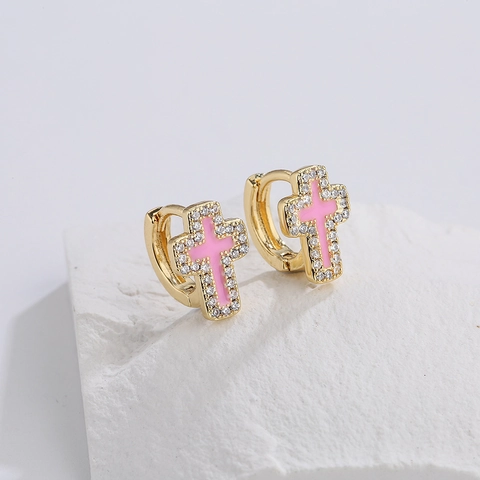 Kruis Hoop Oorbellen Koper 18K Verguld Zirkoon Emaille Mini Huggie Sierlijke Sieraden Voor Dames
