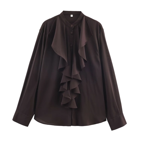 Damen Elegante Rüschenbluse Langarm Stehkragen Chiffonhemd Einfarbig Büro Dame Lässiges Oberteil