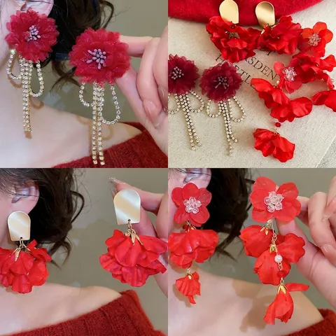 Elegantes Pendientes Largos De Flores De Tela Roja Con Borla De Diamantes De Imitación Y Poste De Plata De Ley 925