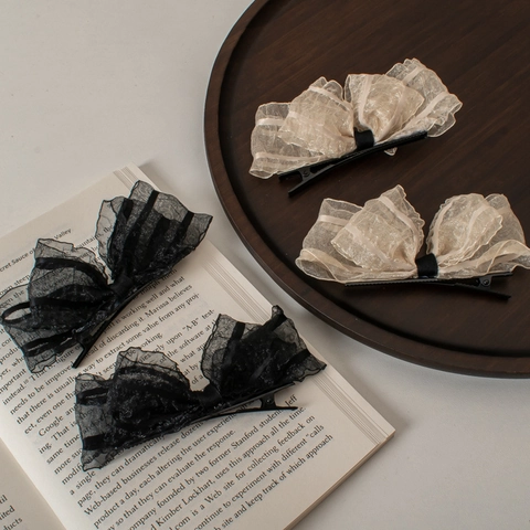 Geplooide Mesh Strik Haarclips Vintage Tule Kant Eendenbek Zijclips Zoete Haaraccessoires Voor Meisjes Vrouwen