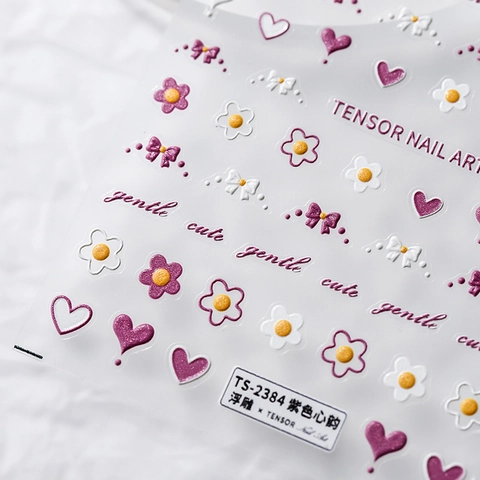Embossed Nail Art Stickers Purple Heart Daisy Flower Bow Stereoscopic Adhesive Decals DIY Manicure Decoration Cute Style
