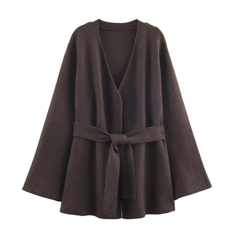 Women Knitted Cardigan Coat Polyester V-Neck Long Sleeve Belted Solid Color Coffee Brown Elegant Casual