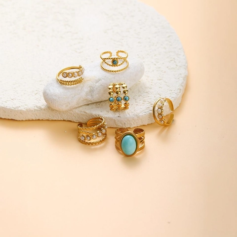 Vintage Stainless Steel Open Ring For Women Gold Plated Adjustable Turquoise Artificial Pearl Leaf Oval Finger Ring Jewelry