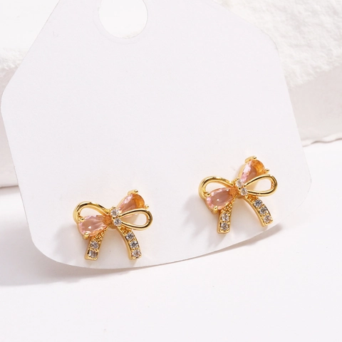 Bow Stud Earrings For Women Pink Zirconia Cute INS Style Brass 18K Gold Plated Elegant Bridal Jewelry Gifts
