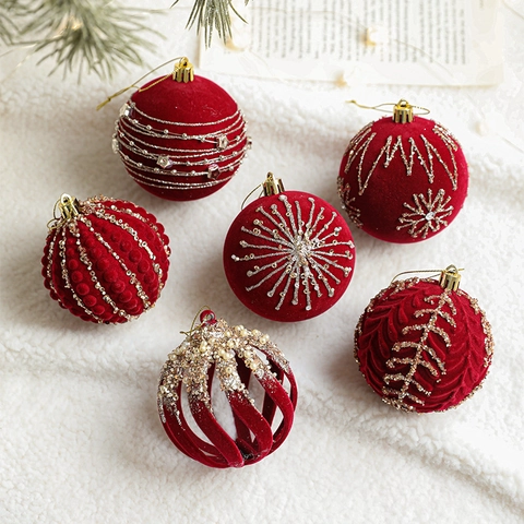 Boules De Noël Floconnées Rouge Vin Velours Paillettes Flocon De Neige Creux Décoration Sapin Festive Luxe