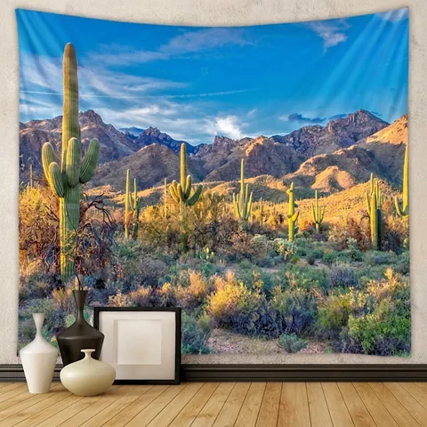 Desert Landscape Tapestry Polyester Wall Hanging Saguaro Cactus Nature Scenery Bohemian Aesthetic Room Decor Art Blanket