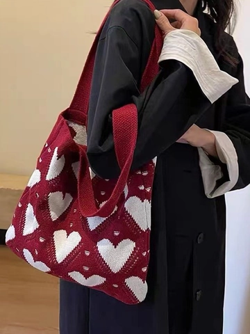 Heart Pattern Knit Tote Bag Polyester Woven Shoulder Handbag For Women Casual Fashionable Large Capacity Shopping