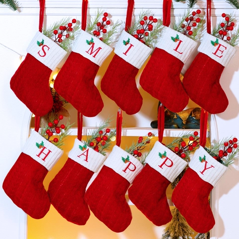 Christmas Stocking Knitted Initial Letter Embroidered Red White Hanging Tree Ornament Candy Gift Bag Holiday Party Decor