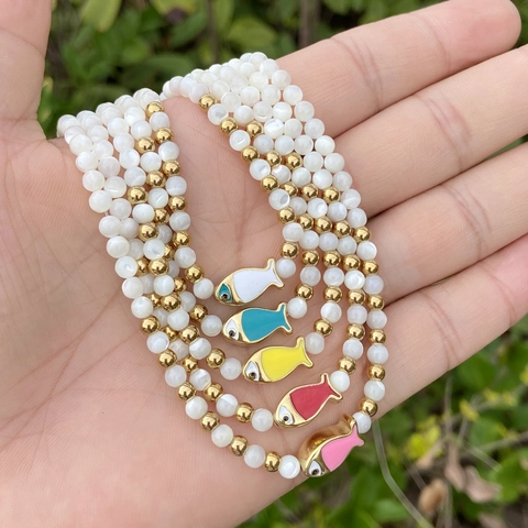 Collana Di Perline In Acciaio Inossidabile Con Perla Artificial Di Conchiglia E Ciondolo A Forma Di Pesce In Smalto Colorato Gioielli Da Donna