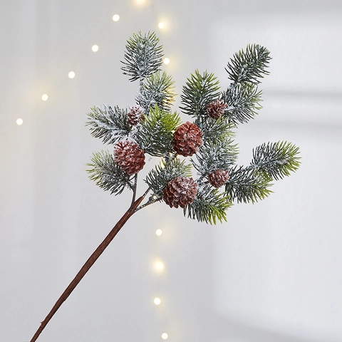 Artificial Christmas Pine Branches With Snow Frosted Berries And Pine Cones For Festive Holiday Home Decor Floral Arrangement
