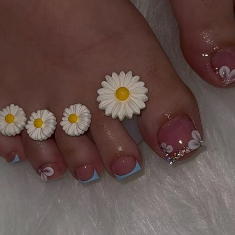 Fußnägel Zum Aufkleben Französische Spitze Hellblau Weiße Blume Strass Quadratische Falsche Fußnägel Süß Abnehmbar