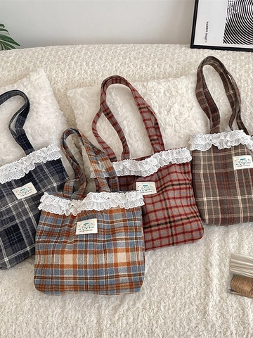 Retro Plaid Wollte Tote Bag Mit Spitzenbesatz Süsse Akademie Stil Schulter Handtasche Für Damen Segeltuchfutter