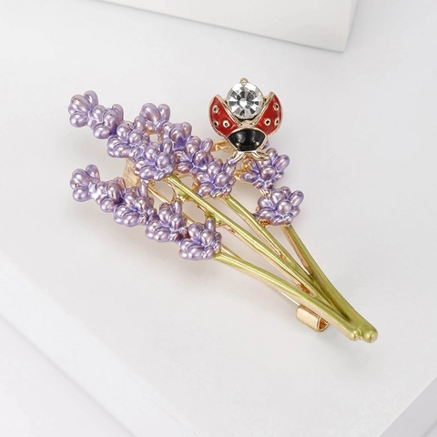 Elegant Alloy Enamel Lavender Bouquet Brooch With Red Ladybug Rhinestone Flower Pin For Women Suit Coat Jewelry Decoration