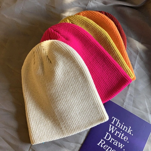 Beanie Hat Acrylic Ribbed Knit Thickened Warm Elastic Retro Solid Color Unisex Streetwear Cold Weather Cap