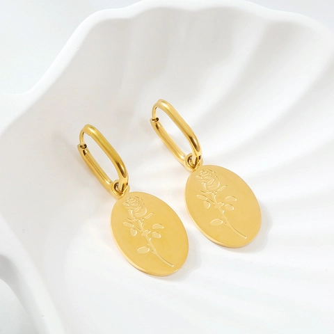Vintage Gold Edelstahl Rosenblüte Relief Ohrhänger Für Damen Elegante Ovale Blumen Anhänger Ohrringe Mode Schmuck