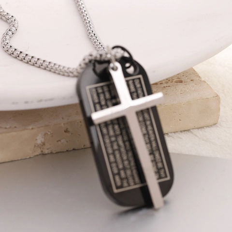 Cross Dog Tag Pendant Necklace 304 Stainless Steel Engraved The Lords Prayer Immanuel Christian Religious Jewelry For Men