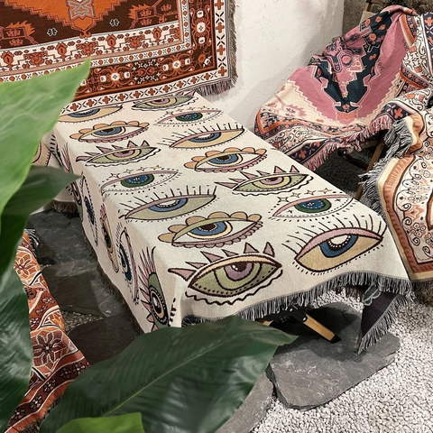 Bohemian Evil Eye Throw Blanket Cotton Knitted Tassel Fringe Multi Use Camping Picnic Sofa Cover Ethnic Decor