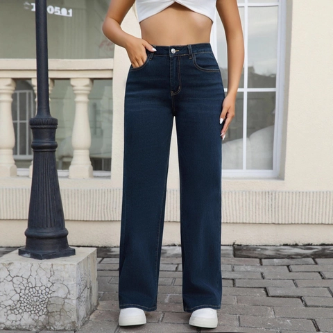 High Waist Wide Leg Denim Jeans Voor Dames Retro Washed Rechte Broek Effen Kleur Casual Commuter Streetwear