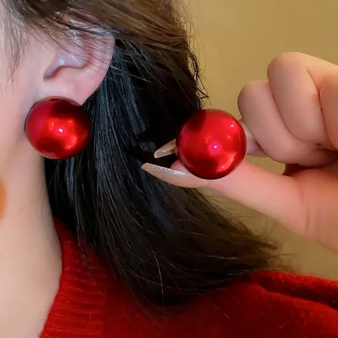 Red Round Imitation Shell Artificial Pearl Stud Earrings With 925 Sterling Silver Earring Post Alloy Glossy Oversized For Women