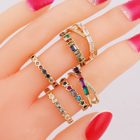 Anillo De Cobre Con Circonita Arcoíris Chapado En Oro Anillos Abiertos Ajustables Estrella Cruz Joyería Geométrica Para Mujeres Simple Elegante