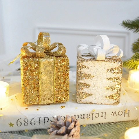 Christmas Tree Hanging Ornaments Glitter Gift Box Decorations With Ribbon Bow Shiny Festive Holiday Party Home Decor