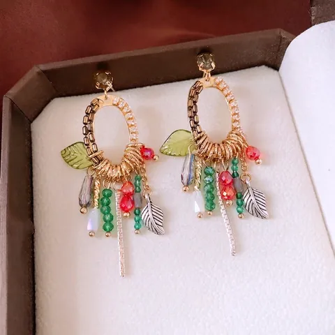 Bohemian Κρεμαστά Σκουλαρίκια Φύλλων Με 925 Sterling Silver Earring Post Ρετρό Χάλκινα Πολύχρωμα Σκουλαρίκια Με Χάντρες