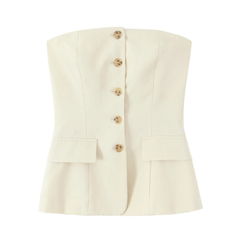 Women Strapless Button Top And High Waist Pleated Wide Leg Pants Chic Casual Cream Polyester Linen Texture