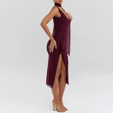 Sexy Wine Red Backless Maxi Dress For Women Mesh Patchwork Cowl Neck High Slit With 3D Flower Decoration And Scarf