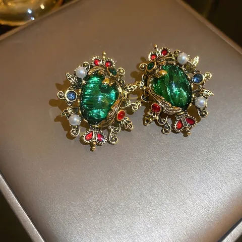 Pendientes De Corona Barrocos Vintage Verde Esmeralda Con Poste De Plata De Ley 925 Perla Artificial Sintética Retro