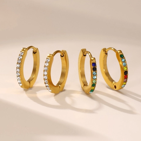 Stainless Steel Hoop Earrings With Colorful Zircon Inlaid Round Geometric Huggie Earrings For Women Fashion Jewelry