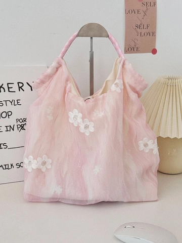 Sac À Main Brodé Fleurs Tulle Toile Tote Bag Fleur De Marguerite Dimensionnelle Poignée En Corde Tissée Style Frais Femmes