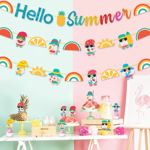Hello Summer Banner Girlande Papier Gnom Ananas Wassermelone Frucht Regenbogen Tropisch Hawaii Strand Party Dekorationen