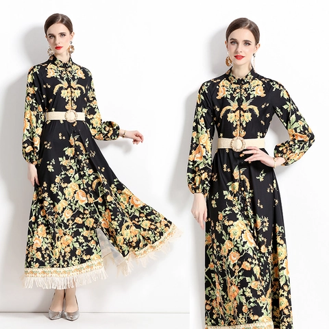 Vintage Maxi-Jurk Met Bloemenprint Polyester Lange Mouwen Opstaande Kraag Franje Zoom Met Riem Elegante Vakantie Jurk Dames