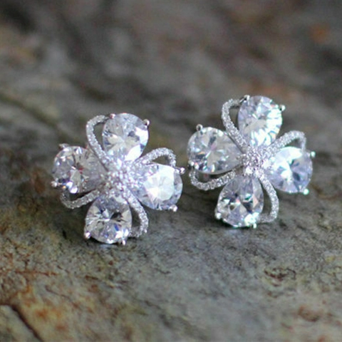 Funkelnde Zirkonia Blumen Ohrstecker Kupfer Vierblättriges Kleeblatt Elegant Schmuck Für Damen